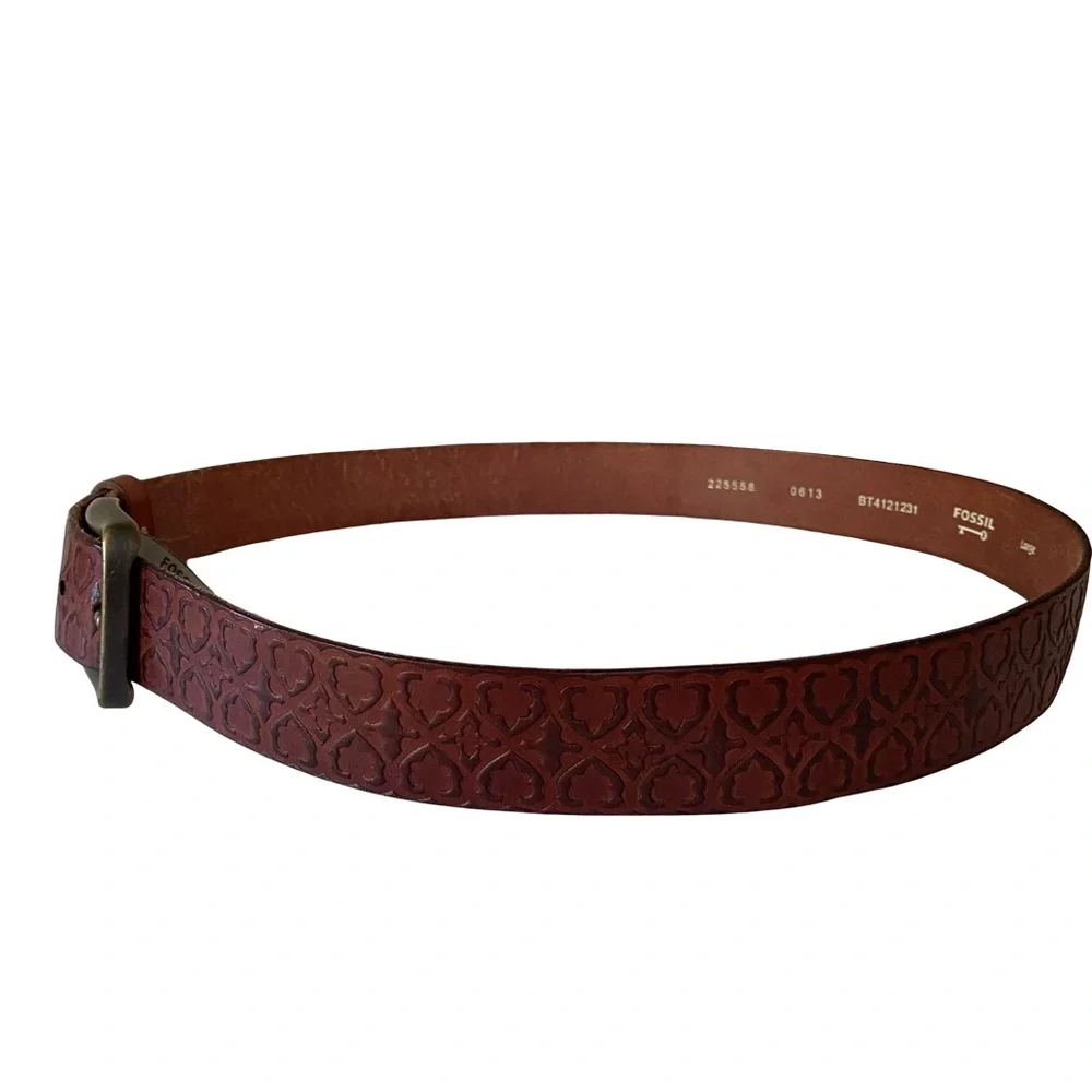 Vintage Fossil Embossed Leather Belt Brown Size L